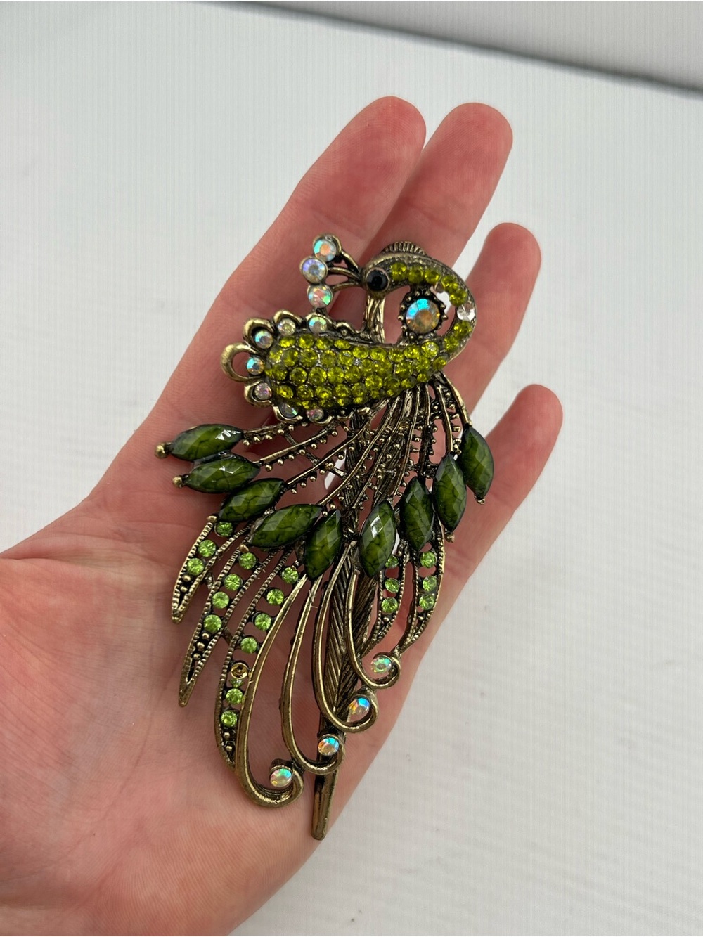 🎁Retro Style Peacock Rhinestone Hair Clip For Women Alloy Olive Green - Picture 6 of 12